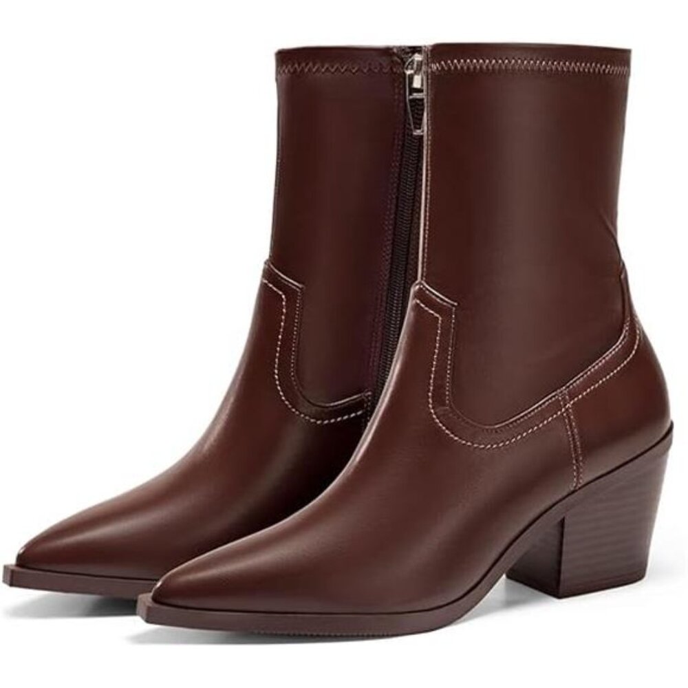 Womens Pointed Toe Ankle Boots Chunky Stacked Heel Side Zipper Leather - Picture 7 of 7